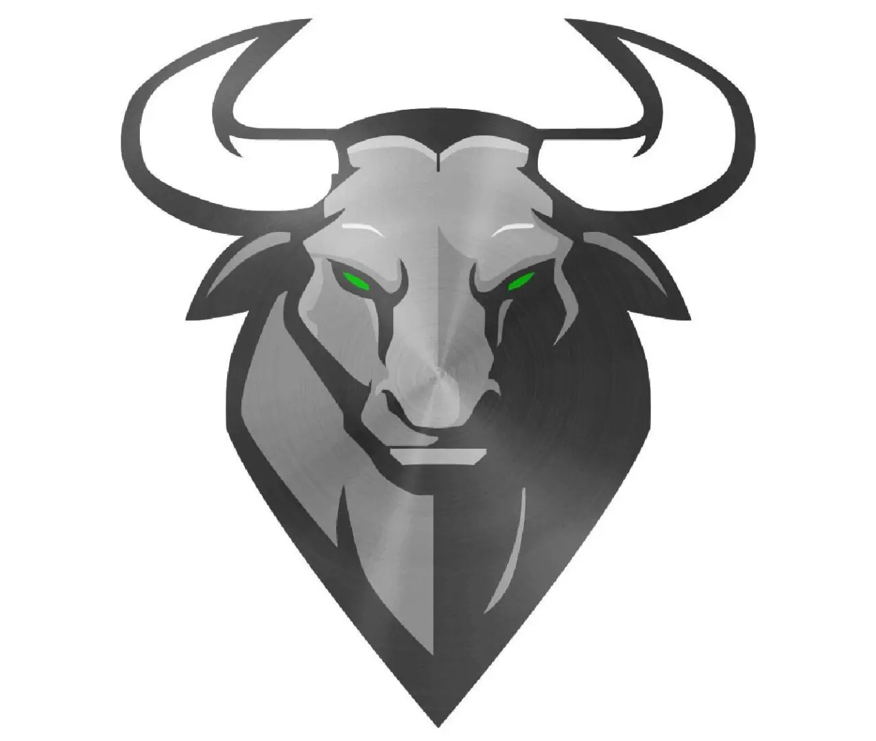 A bull with horns and green eyes.