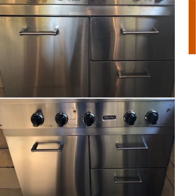 A stainless steel oven with two different designs.