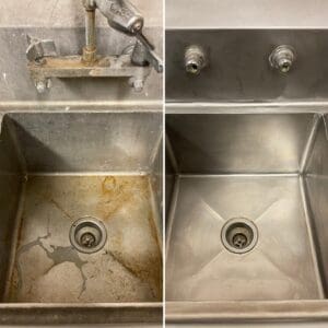 A sink that has been cleaned and is in the process of being cleaned.