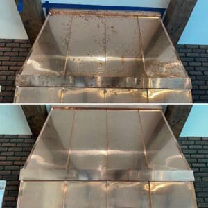 A before and after picture of the same metal surface.