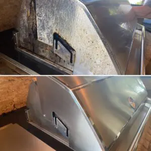 A before and after picture of the hood of an oven.