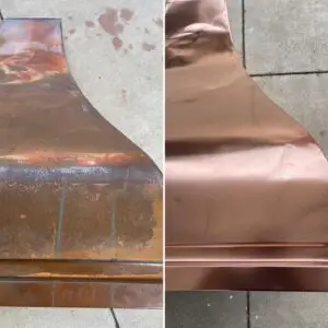 A before and after picture of the copper hood.