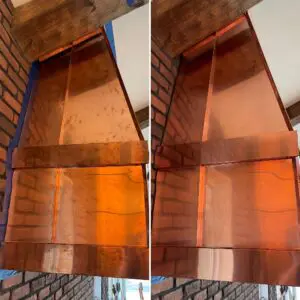 A before and after picture of the copper wall.
