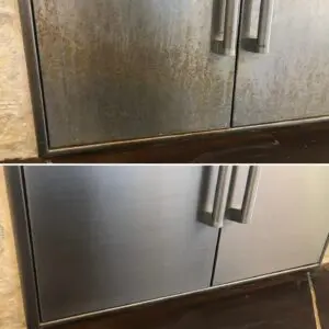 A before and after picture of stainless steel cabinets.